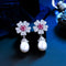 Luxury Cubic Zirconia Pave Geometric Big Rose Red Flower Earrings Wedding Pageant Long Dangle Pearl Drop Earrings for Women