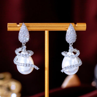 Symmetrical Rotating Cubic Zircon Drop Dangle Big Pearl Earrings Accessories for Women Elegant CZ Wedding Bridal Jewelry Gift