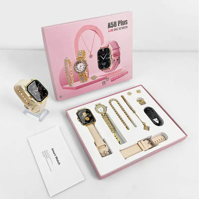 Fashion  Watches A58 PLUS Set 8 in 1 Double Strap Ring Earring Touch Screen Fitness Tracker Ladies Smart Watch for Women