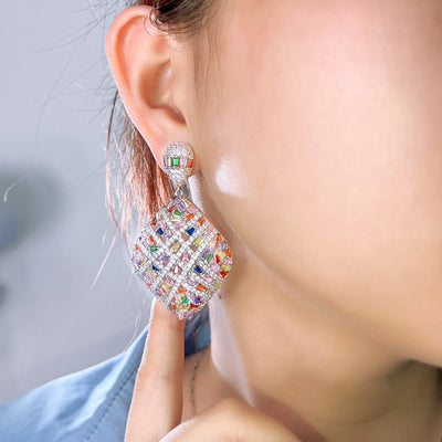 Fancy Cross Line Colorful Heavy Cubic Zirconia Stone Pave Luxury Big Rhombic Drop Dangle Engagement Earrings for Women's Jewelry
