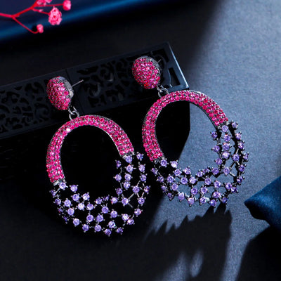 Elegant Hollow Out Purple Red Cubic Zirconia Crystal Engagement Wedding Big Dangle Earrings