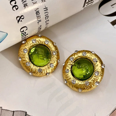 Vintage Style Green Crystal Sparkling Round Earrings Exaggerated Style Earrings