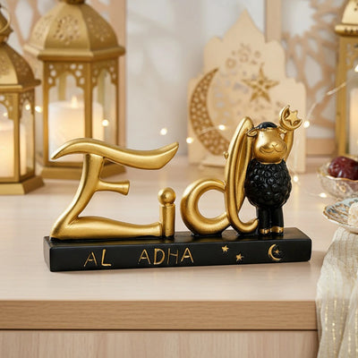 Ramadan Eid Gift Black & Gold Lamb Holding Star Moon Resin Ornament (1pc) – Cute Eid al-Fitr Decor