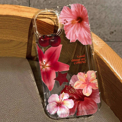 Cherry Flower Print Clear Case For iPhone Stylish Shockproof Soft Cover