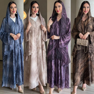 Women's Eid Abaya & Cardigan Set – Scarf Included, Long Islamic Dress