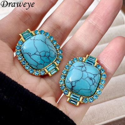 Draweye Turquoise Stud Earrings for Women Geometric Vintage Palace Style Aretes De Mujer  Inlaidz Zircon Shiny Sweet Jewelry