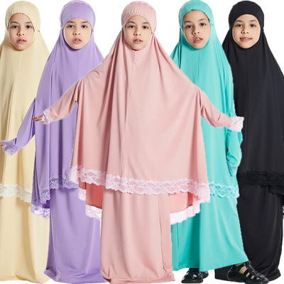 Muslim Kids Hijab Set for Ramadan | Khimar, Skirt & Overhead Dress (Eid Prayer Robe, Abaya, Kaftan, Hooded Gown)
