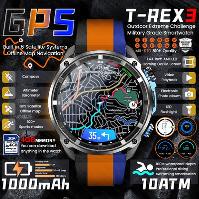 Men Military GPS Map Smart Watch T-Rex3 Compass 4GB Memory 1000mAh Waterproof HD Bluetooth Smartwatch