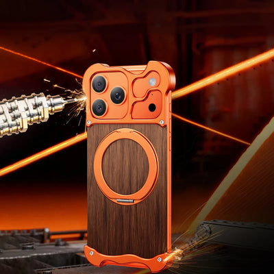 Luxury Metal Alloy Frame Wood Frameless Phone Case For iPhone 17 Air 16 15 Pro Max Magsafe Magnet 360 Rotating Bracket Cover