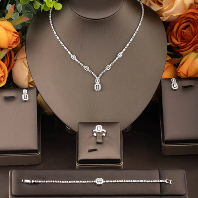 Jewelry Set with Cubic Zirconia in Rectangular Design, Suitable for Women to Wear at Parties and Banquets.