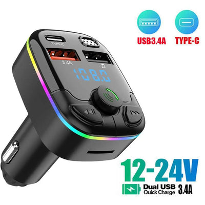 Bluetooth 5.0 Car FM Transmitter with PD Type-C & Dual USB, QC3.0 Fast Charging, Hands-Free MP3 Player & Ambient Light