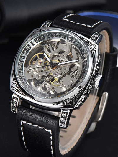 Watch retro style wholesale mechanical wristwatches skeleton carve waterproof leather no logo mens watch