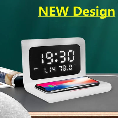 Wireless Charger Pad Stand with Alarm Clock Thermometer for Phone Fast Charging Station
