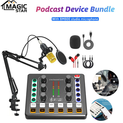 Professional Podcast Equipment Set with BM-800 Condenser Microphone, Audio Interface & DJ Mixer for Podcasting & Live Streaming