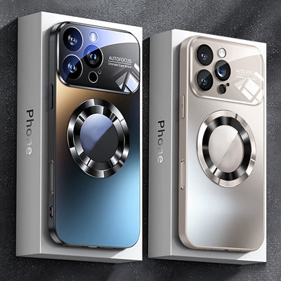 Luxury Titanium Metallic iPhone Case – Magnetic Wireless Charging, Shockproof with Glass Lens Protection & Hollow Logo