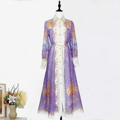Printed Collar Single Breasted Lace Dress
