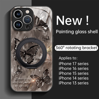 Phone case: Purple Butterfly Shadow for iPhone 17 Pro mobile phone case with rotating bracket new 16 Pro Max /15 glass shell 16pro high-end 13 series 14plus protective cover 12/11