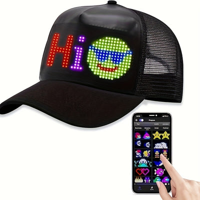 LED Hat with Breathable Mesh | Smart LED Display, App-Controlled, Text, Patterns, Animations for Christmas, Halloween, and More | Polyester, Charging, Lithium Battery