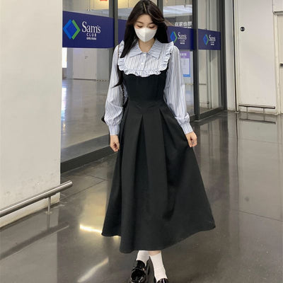 Preppy-style Striped Shirt-style Faux Two-piece Slimming Contrast-color Dress
