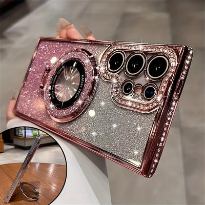 The Glittering Diamond-Edged Electroplated Case Is Suitable for The for Samsung Galaxy S25, S24, S23, And S22 Ultra Series. It Comes with a Lens Film And a Glitter Diamond Stand, Providing a Luxuriou