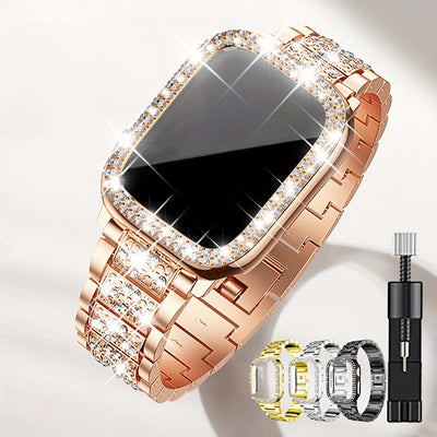 Diamond-Studded Apple Watch Strap & Double-Row Case – Fashion Metal Chain Band for Series S (40–46mm)