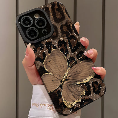 Phone Case - Leopard Print Butterfly Golden Border Pattern Design Suitable for Iphone 17 Pro Max Phone Case, Iphone 16 Pro Max, 14, 16 Plus, 15, 13 Pro, 12, 11 Pro E. Fashionable, Shockproof, Back Vertical Stripe Texture Desi