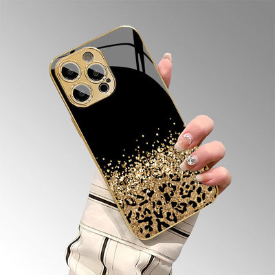 Phone Case: Golden Glitter Leopard Print Glass Electroplated Phone Case. Compatible with iPhone 17/17 Pro/17 Pro Max/17 Air/16/16 Pro/16 Pro Max/16 Plus/15/15 Pro/15 Pro Max/14/14 Pro/14 Pro Max/13/13 Pro/13 Pro Max/12/12 Pro