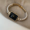 Silver Black Square Pearl Bracelet Diamond Fashion Quartz Watch
