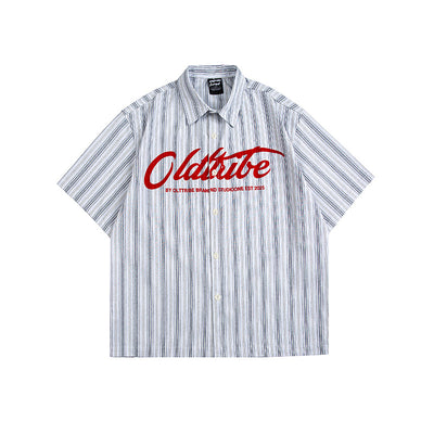 American-style Hand-painted Striped Letter-embroidered Short-sleeve Shirt